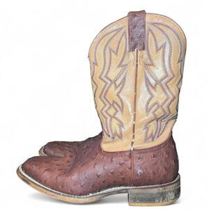 Nocona Men’s Size 8D Brown Leather Western Cowboy Boots Ostrich Print Square Toe